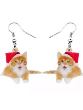 Acrylic Christmas Tabby Cat Santa Hat Dangle Earrings NWT Novelty French Hook